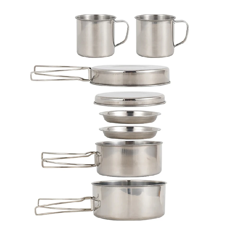 Camping Cooking Wok - 8-częściowy zestaw naczyń kempingowych ze stali