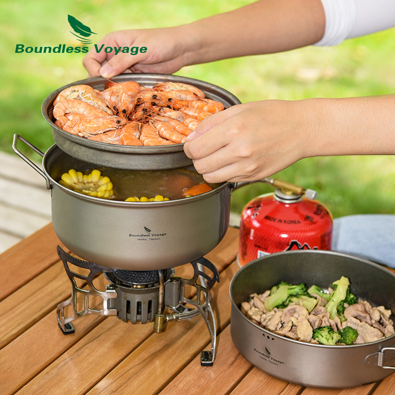 Camping Cooking Frying Pan - Zestaw Tytanowy Garnek Parowy i Patelnia